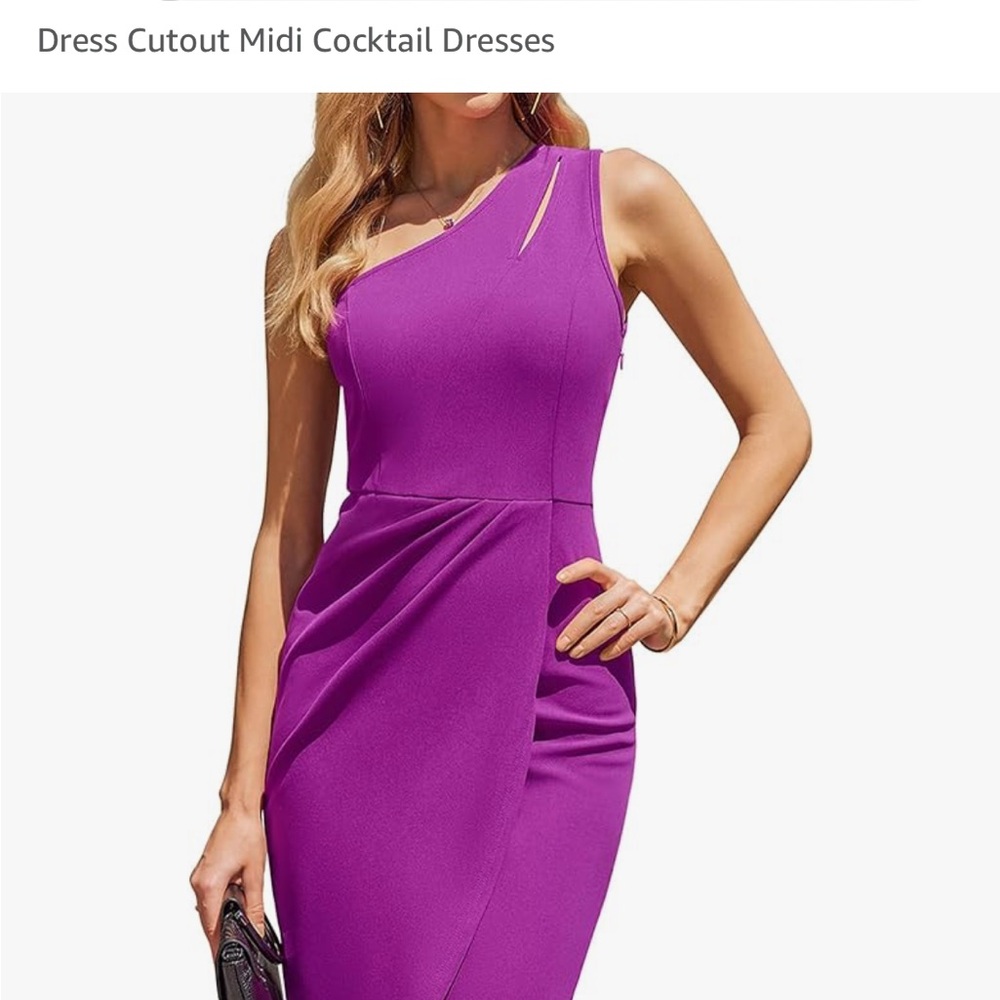 Midi one shoulder cocktail dress.